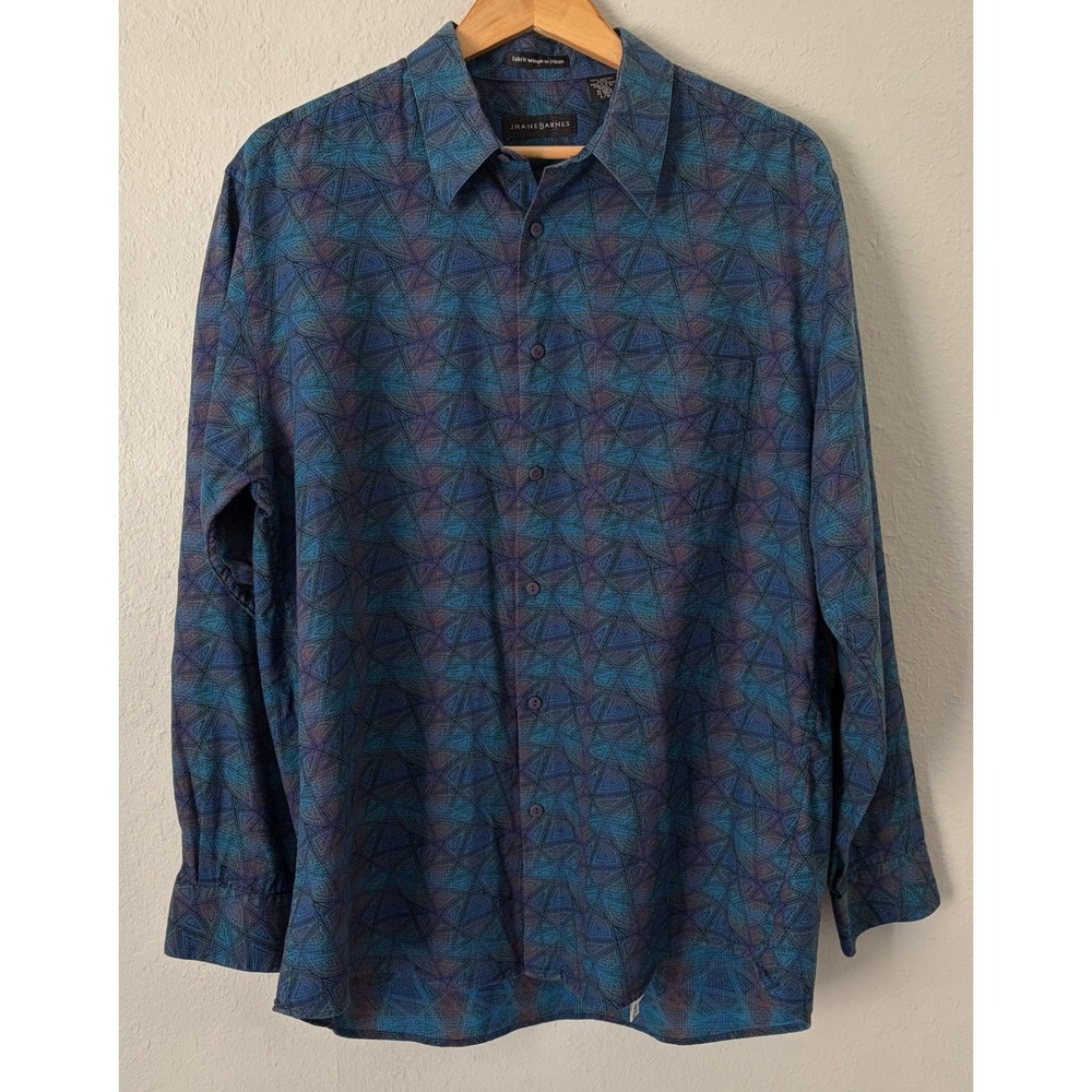 Jhane Barnes Mens Geometric Abstract Button Up Shirt Large Japanese Fabric Blue